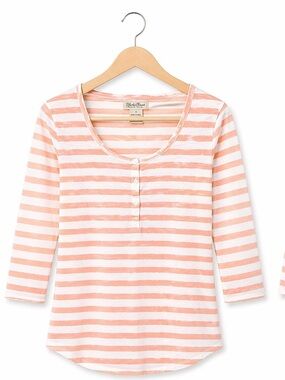 Lucky Brand Peach and White Striped Long Sleeve Henley Tee | Size S